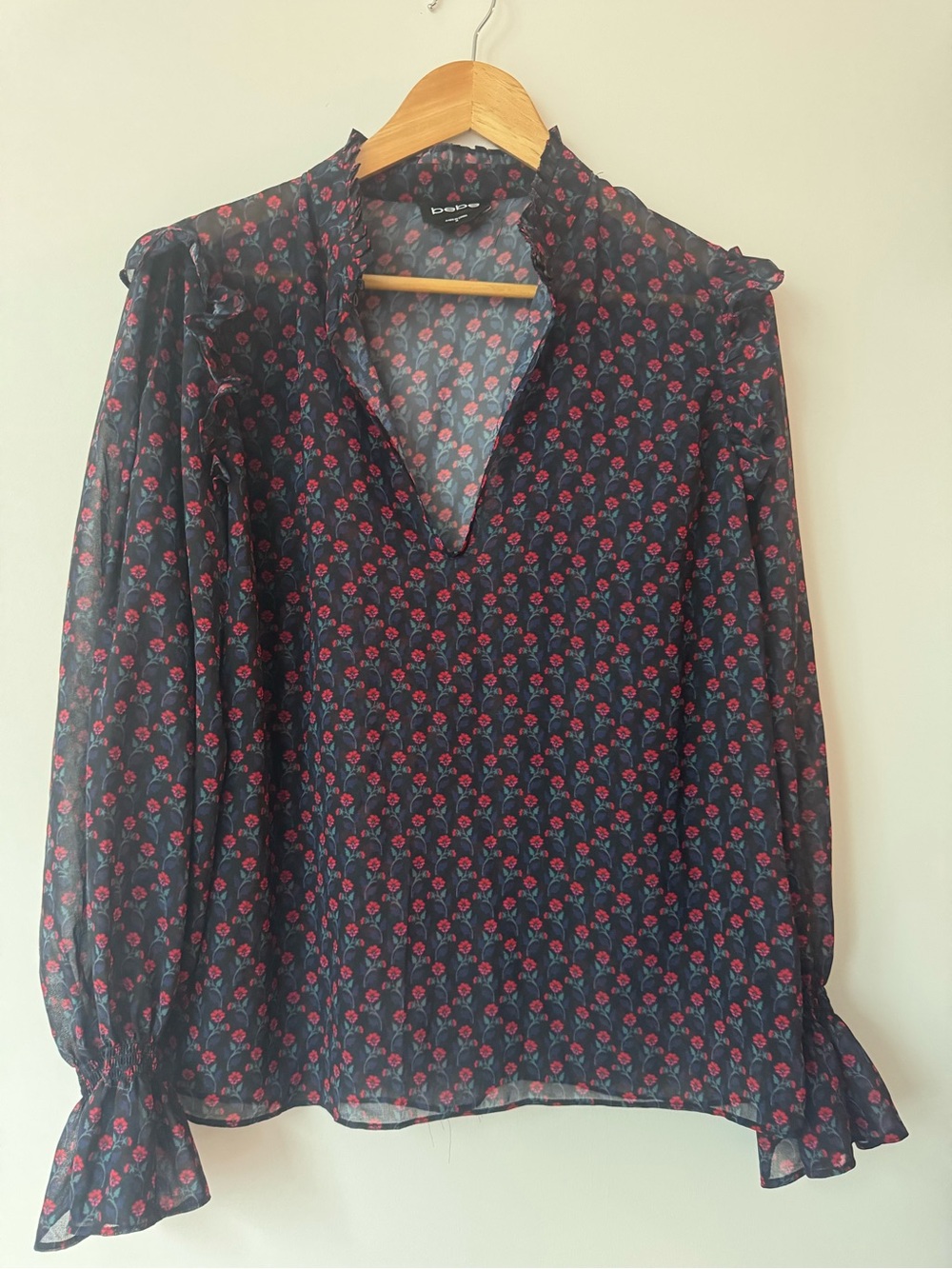 Bebe Sheer Floral Chiffon Ruffle V-Neck Long Sleeve Blouse Dark Navy Medium M
